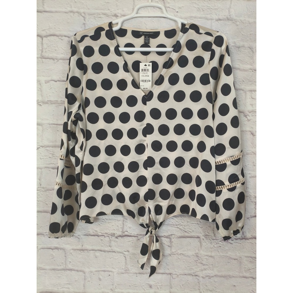 INC International Concepts Fleur Polka Dot Tie Front Blouse XXL White Black